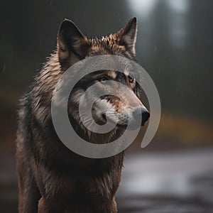 AI generated illustration of a wolf in a rainy environment