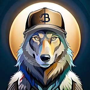 AI generated illustration of a wolf wearing a blue baseball cap