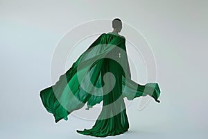 AI-generated illustration of a woman against a white backdrop wearing a green flowing dress