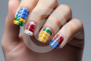AI generated illustration of a woman with creative nails decorated with blocky art in bright colors