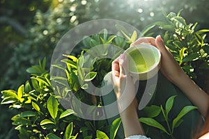 AI generated illustration of a woman holding a cup of green tea against tea plantations
