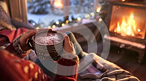 AI generated illustration of a woman holding a cup of hot chocolate, cozy winter scene