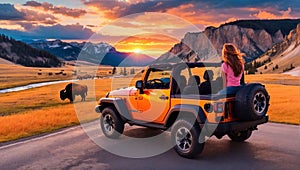 AI generated illustration of a woman vibrant orange Jeep driving down a rural road