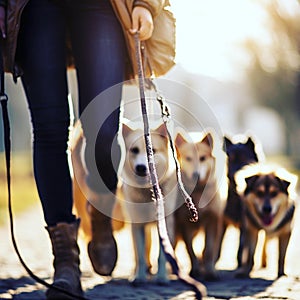 AI generated illustration of a woman walking outa group of dogs