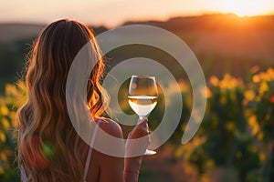 AI-generated illustration of a woman with a wine glass in a vineyard during sunset