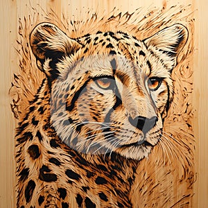 AI generated illustration of a woodburning artwork of a cheetah face