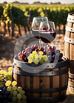 AI generated illustration of a wooden barrel filled with fresh, ripe grapes, and two glasses