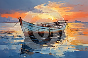 AI generated illustration of a wooden boat floating peacefully in a tranquil body of water at sunset
