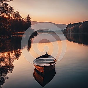 AI generated illustration of a wooden boat in a lake at golden hour