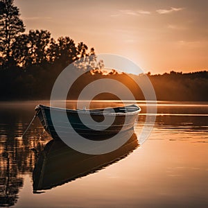 AI generated illustration of a wooden boat in a lake at golden hour