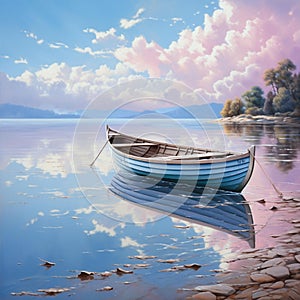 AI generated illustration of a wooden boat in a lake at pink sunset