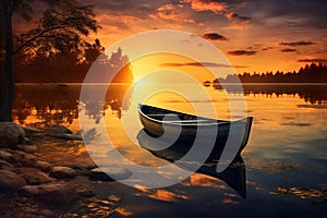 AI generated illustration of a wooden boat in a tranquil lake at golden sunset