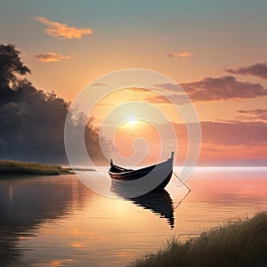 AI generated illustration of a wooden boat in a tranquil lake at sunset