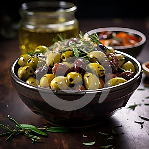 AI generated illustration of a bowl filled with olives served with a selection of spices and herbs