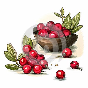 AI generated illustration of a wooden bowl filled with ripe red cherries on a white background