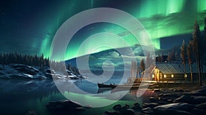 AI generated illustration of a wooden cabin by a lake in mountains under the Northern lights