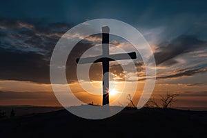 AI generated illustration of a wooden cross silhouetted against a beautiful sunset sky