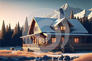 AI-generated illustration of a wooden log cabin with a snowy gable roof