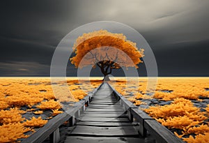 AI generated illustration of a wooden pathway in a field of yellow flowers leading to a lone tree