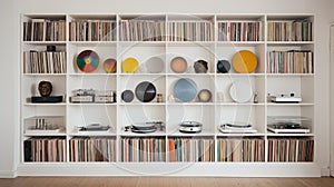 AI generated illustration of a wooden record storage shelf containing a variety of vinyl records