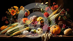 AI generated illustration of a wooden tabletop with a basket of fresh vegetables and fruits