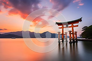 AI generated illustration of a wooden Tori gate standing on a tranquil lake at sunset