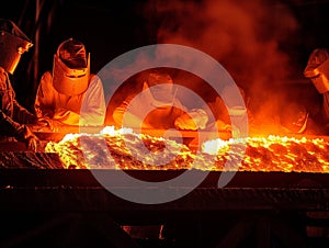 AI generated illustration of workers laboring in a steel mill amid fiery furnaces and molten metal