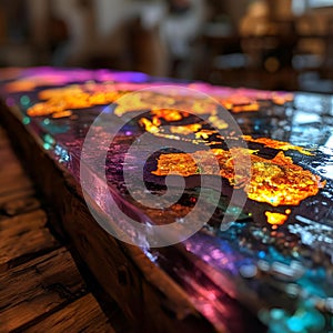 AI-generated illustration of the world map printed on a wooden surface with glowing continents