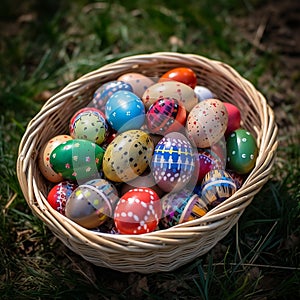AI generated illustration of a woven basket filled with pastel-hued Easter eggs on the lush grass