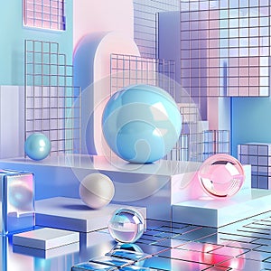 AI generated illustration of y2k inspired scene with geometric spheres in a vaporwave aesthetic
