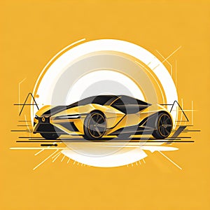 AI generated illustration of a yellow and black supercar against a backdrop of abstract rays