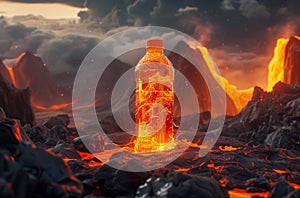 AI generated illustration of A yellow bottle ejecting scorching lava into the ocean