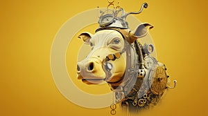 AI generated illustration of a yellow cow with long, pronounced horns adorned with a yellow helmet