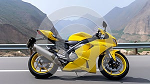 AI generated illustration of a yellow motorbike parked on the side of a road