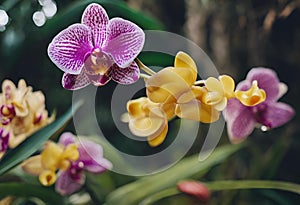 AI generated illustration of yellow and pink orchids clustered in a garden
