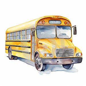 AI generated illustration of a yellow school bus parked on a white background