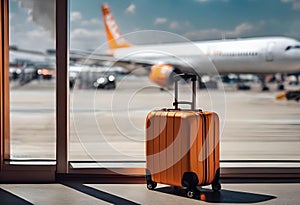 AI generated illustration of a yellow suitcase in front of airport window with jetliners