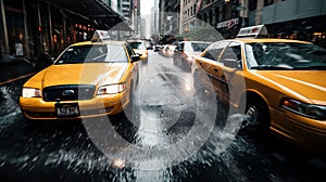 AI-generated illustration of yellow taxis driving down a wet city street on a rainy day