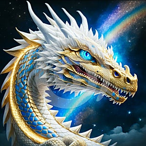 AI generated illustration of a yellow and white dragon with captivating blue eyes