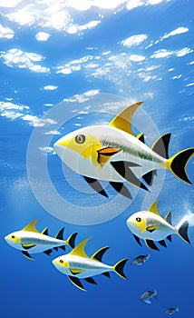 AI generated illustration of yellowfin tunas swimming into the sea