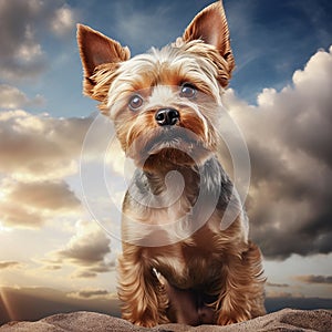 ai generated illustration of Yorkshire terrier dog closeup portrait on cloudy sky