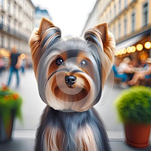 AI generated illustration of a Yorkshire Terrier dog, outdoors in a vibrant city street setting