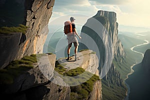 AI generated illustration of a young adult standing atop a rocky cliff, looking out into the horizon