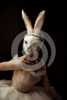 AI generated illustration of a young ballerina with a bunny mask