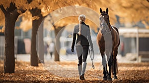 AI generated illustration of a young blonde female equestrian walking to her horse