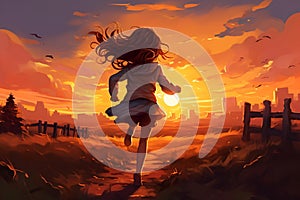 AI generated illustration of a young female walking away from the setting sun