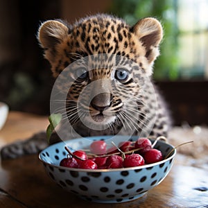 AI-generated illustration of A young leopard resting in a white bowl filled with bright red cherries