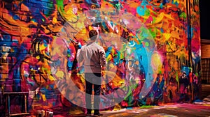 AI generated illustration of a young male painting a wall with colorful abstract grafitti