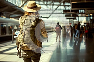 AI generated illustration of a young traveler with a backpack at a train station