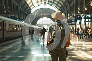 AI generated illustration of a young traveler with a backpack at a train station